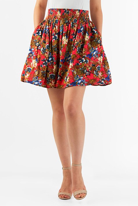 Floral print elastic waist skater skirt