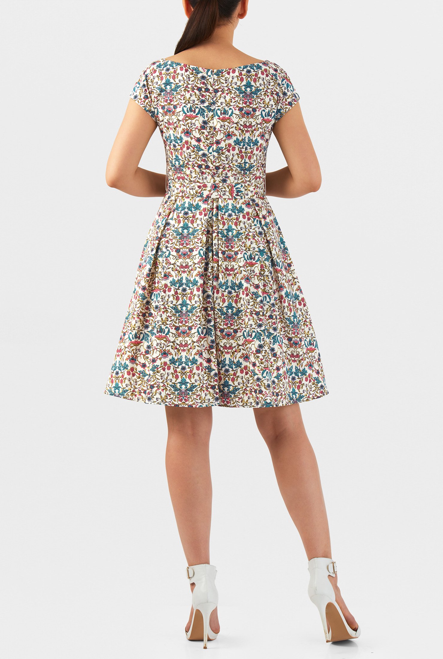 Shop Stylized floral print pleat bodice poplin dress | eShakti