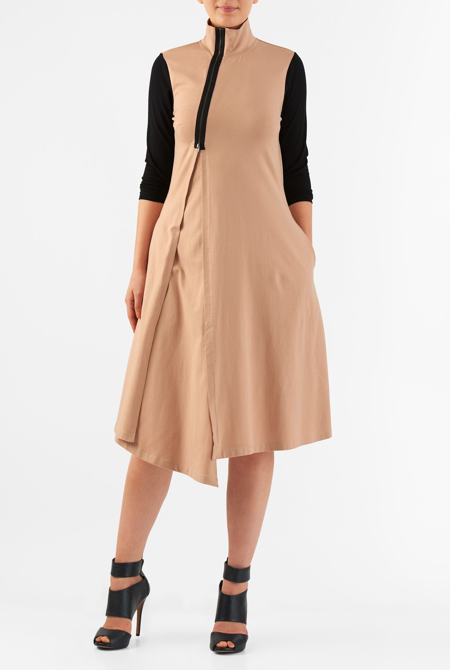 Shop Zip front cotton knit asymmetric hem dress | eShakti