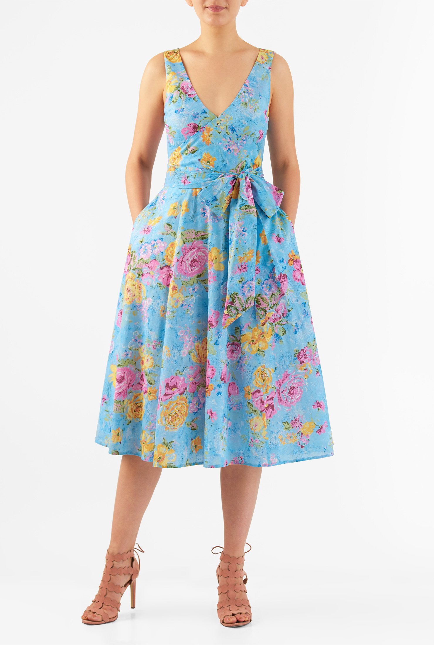 Shop Floral print cotton surplice dress | eShakti