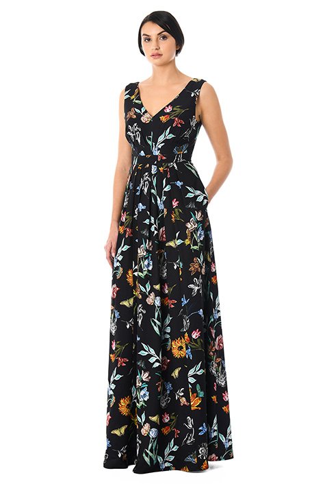 Shop Floral print crepe pleated maxi dress | eShakti
