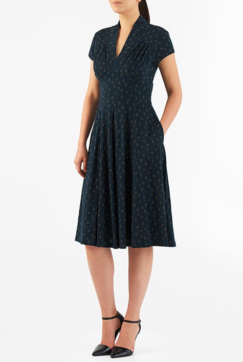 Shop Feminine pleated tile print cotton knit dress | eShakti