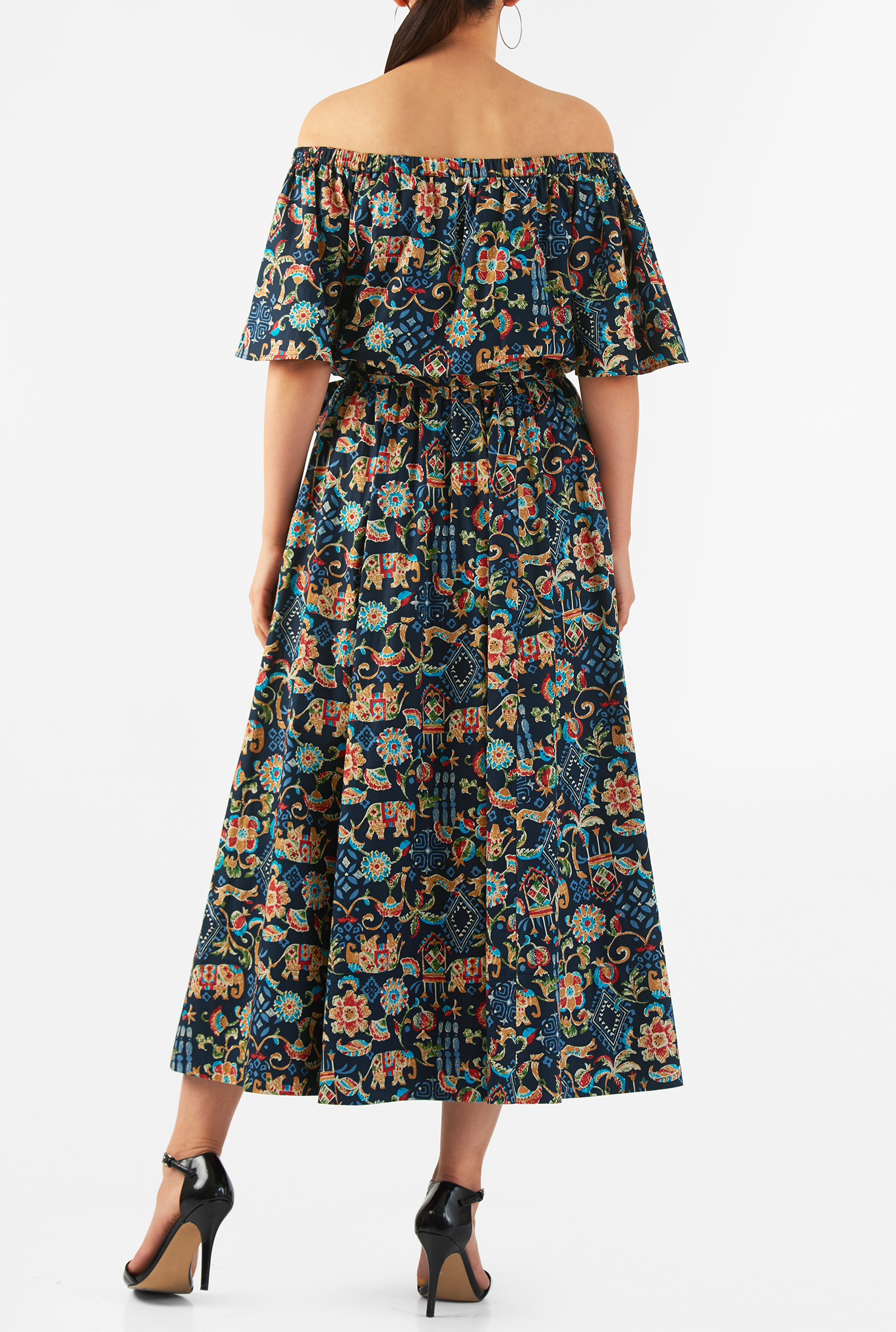 Shop Offtheshoulder elephant print cotton midi dress eShakti
