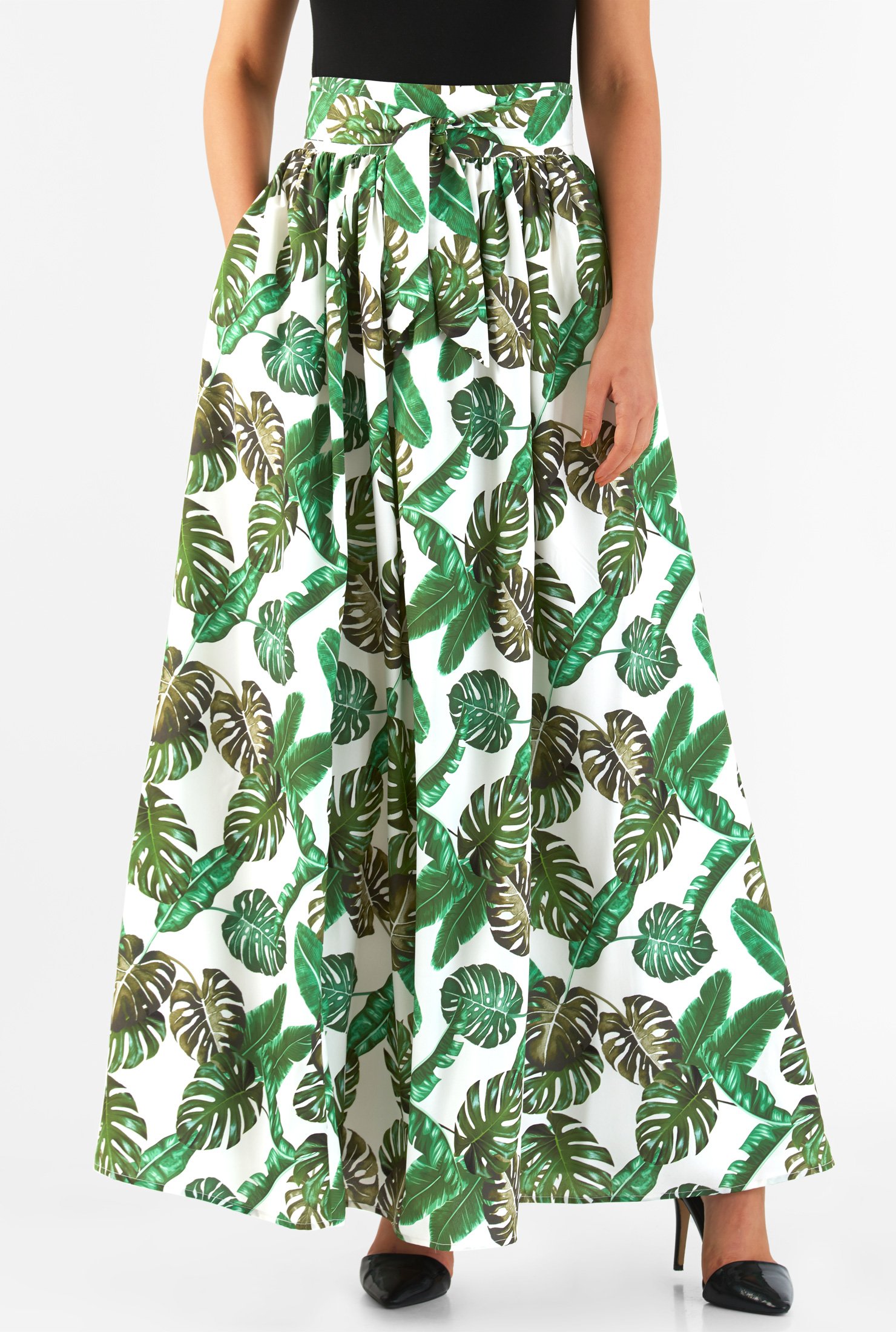 Shop Tropical Leaf Print Tie Waist Crepe Maxi Skirt Eshakti 5027