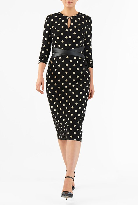 Shop Faux Leather Waist Polka Dot Cotton Knit Sheath Dress Eshakti