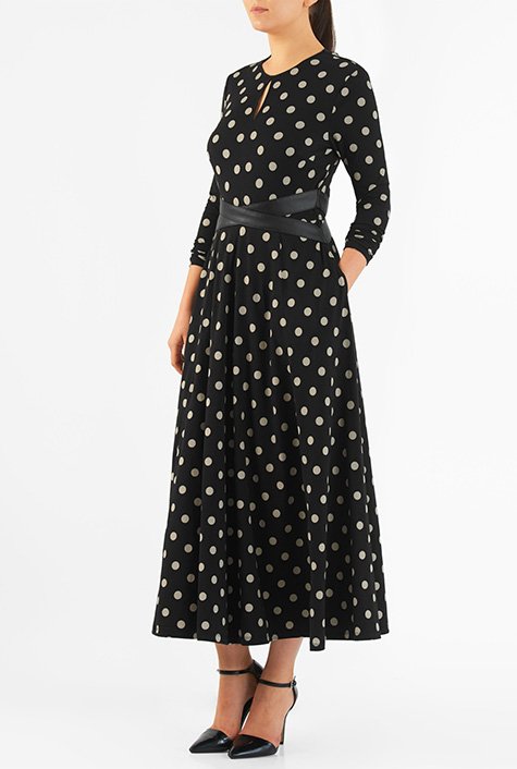 Shop Faux leather waist polka dot cotton knit midi dress | eShakti