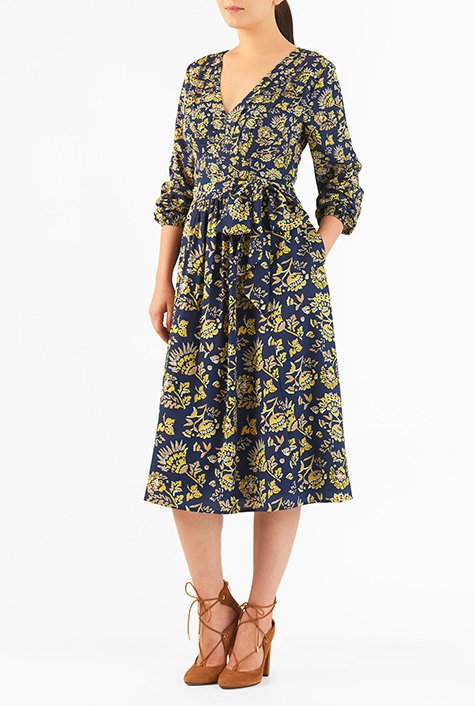 Shop Pleated floral print crepe midi dress | eShakti
