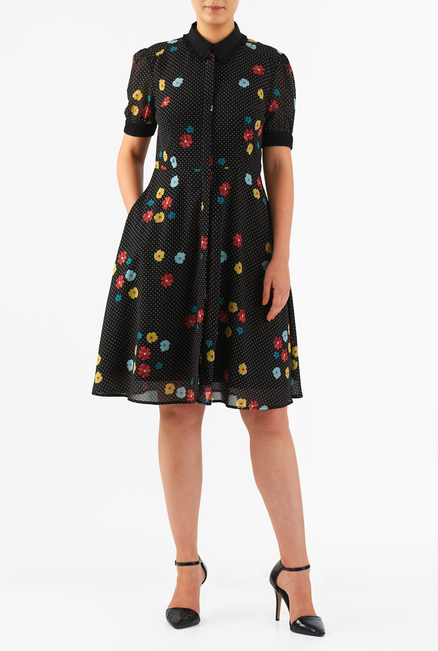 Shop Floral dot georgette ruffle trim shirtdress | eShakti