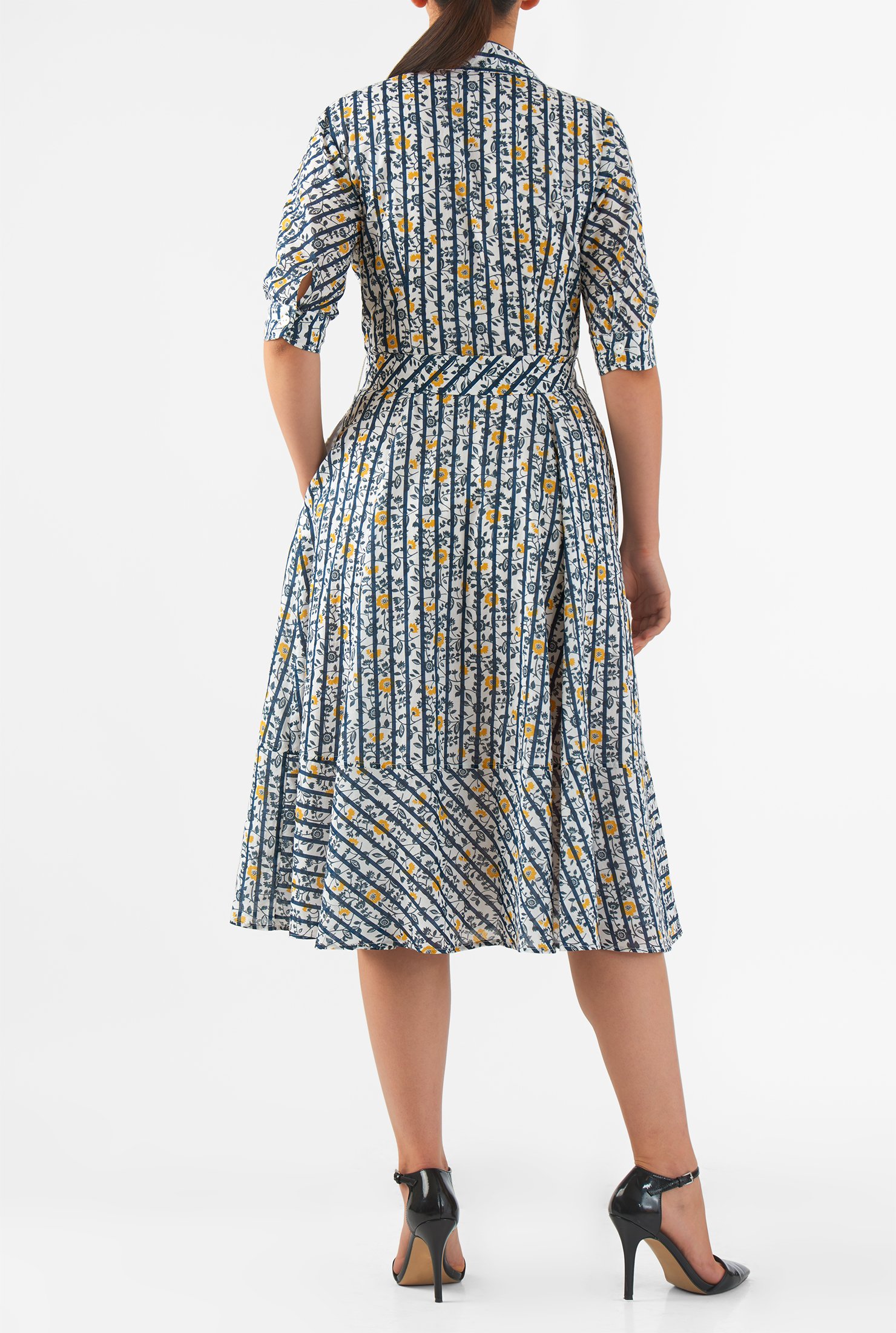 Shop Belted floral stripe print cotton shirtdress | eShakti