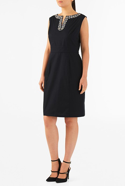 Shop Embellished split neck cotton poplin sheath dress | eShakti