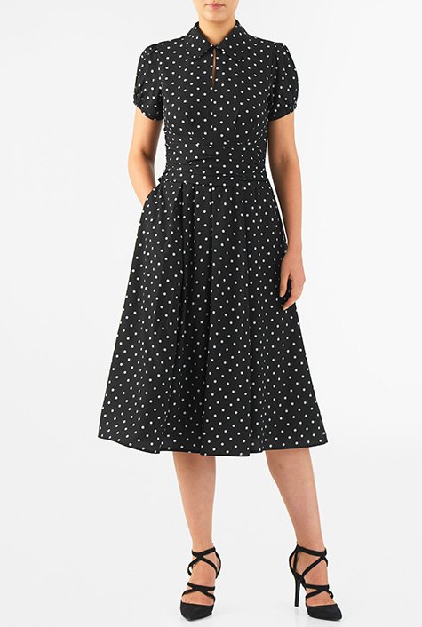 Shop Polka dot print crepe asymmetric pleat waist dress | eShakti