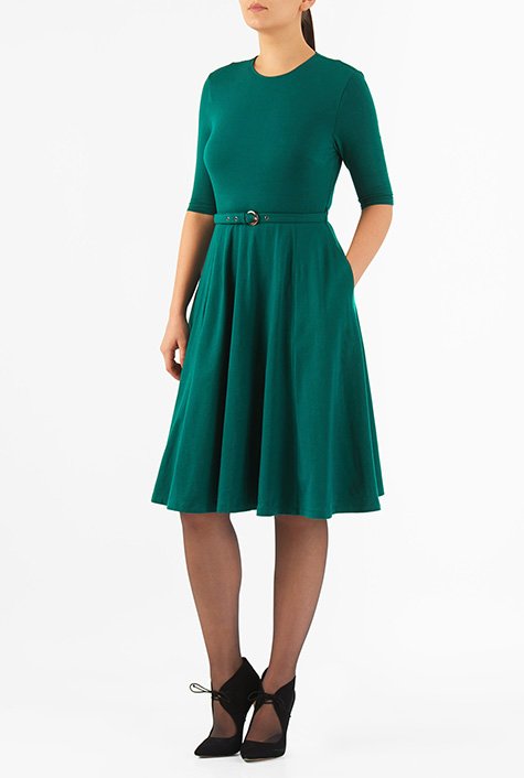 Shop Cotton knit belted fit-and-flare dress | eShakti