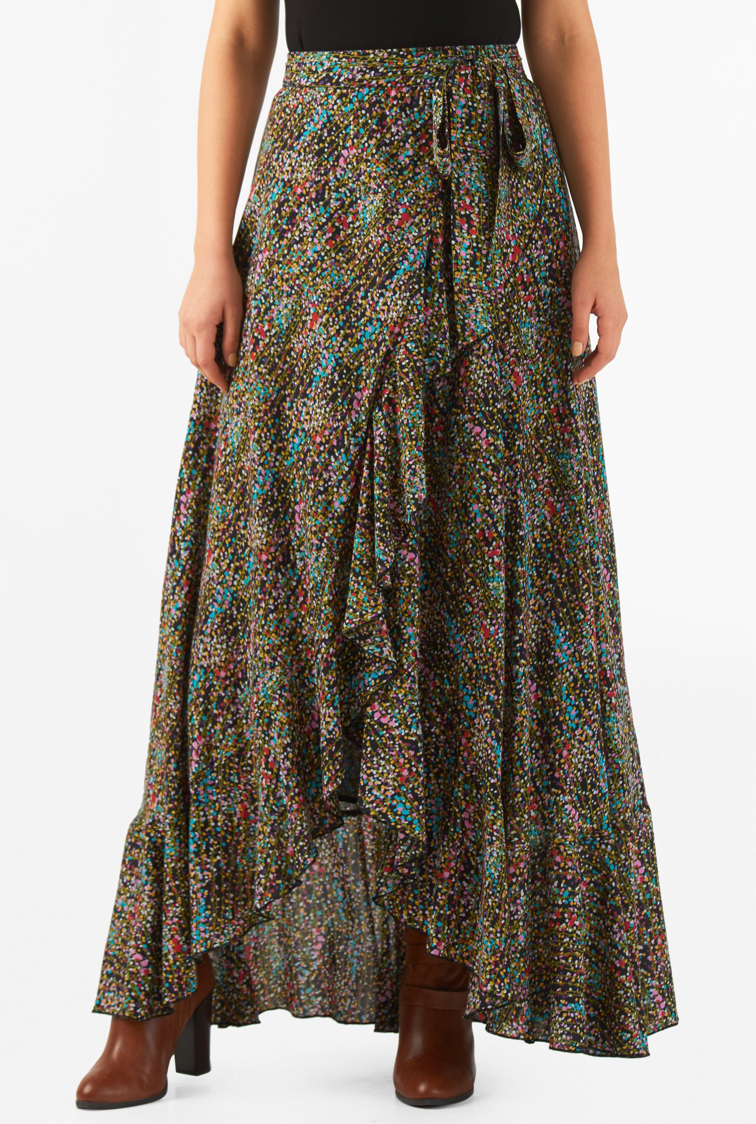 Shop Ruffle graphic floral print maxi skirt | eShakti