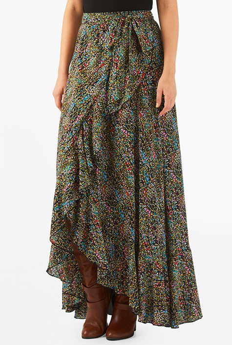 Shop Ruffle graphic floral print maxi skirt | eShakti