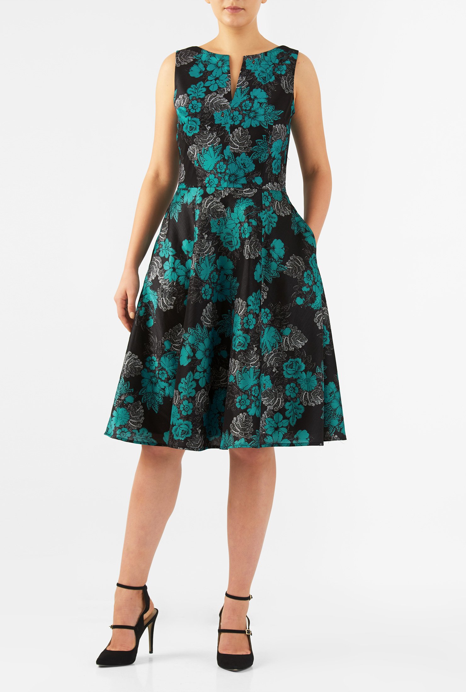 Shop Floral print split neck dupioni dress | eShakti