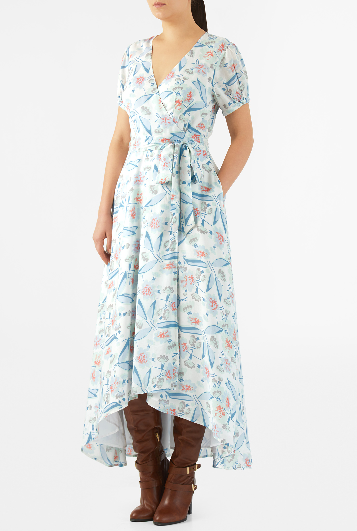 Shop Floral and leaf print midi wrap dress eShakti