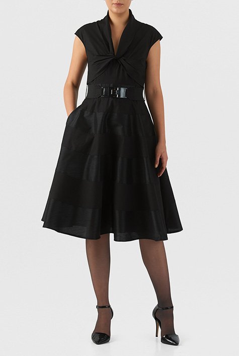 Shop Bow tie knot front belted mixed media dress | eShakti