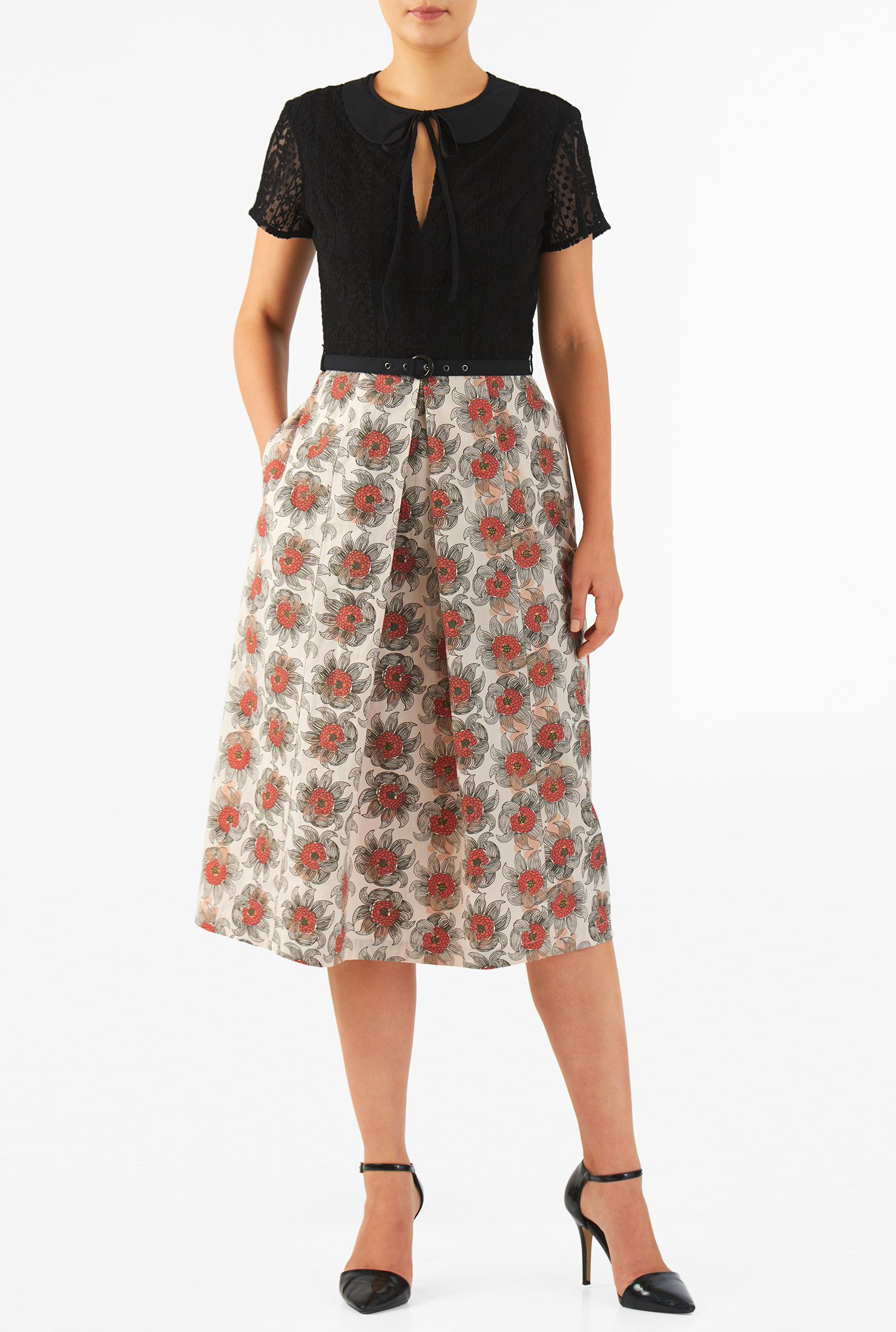 Shop Floral print cotton and lace keyhole dress eShakti