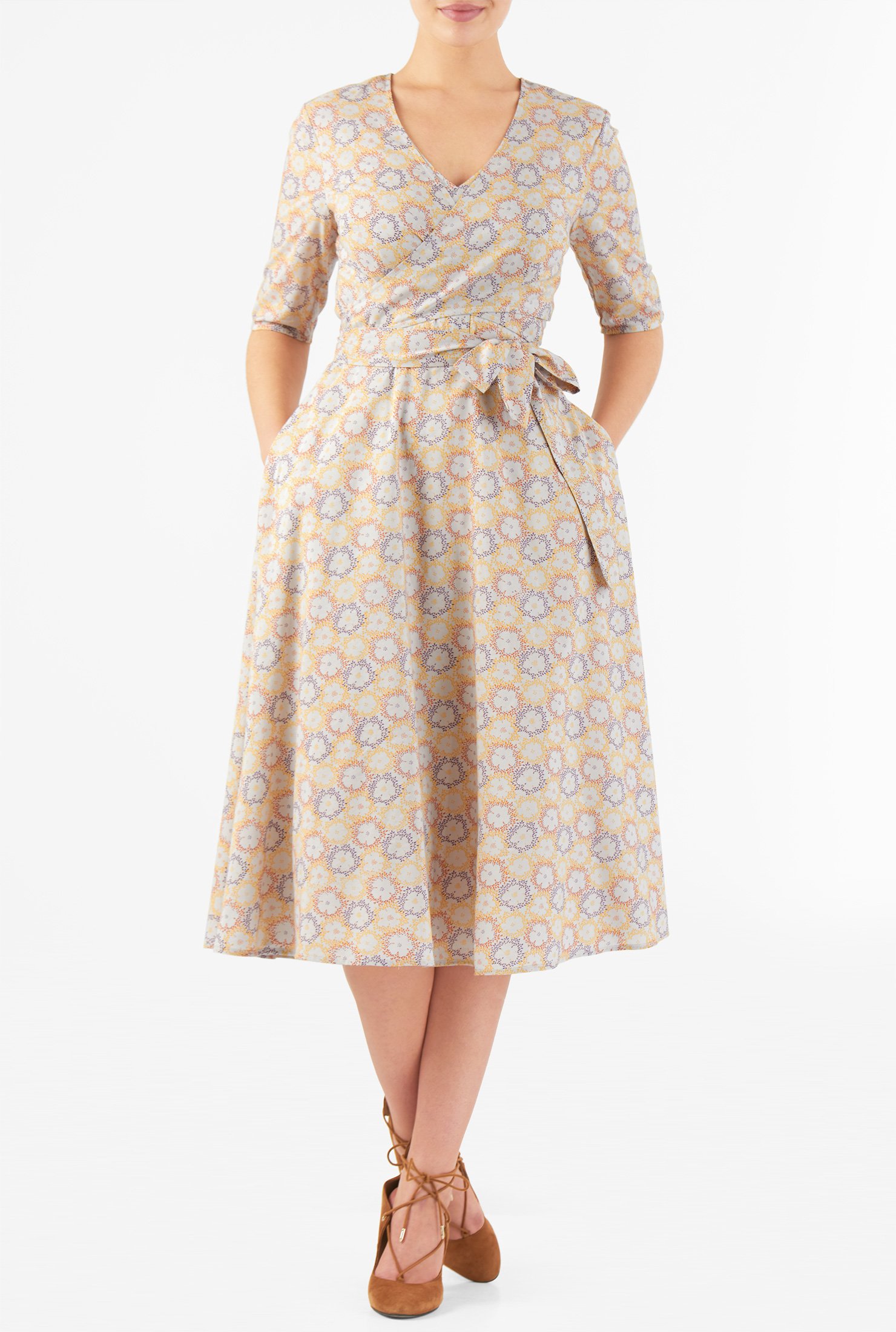 Shop Crossover bodice floral print cotton midi dress | eShakti
