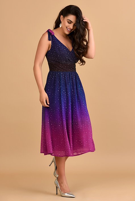 Shop Ombre star print georgette shoulder ties dress eShakti