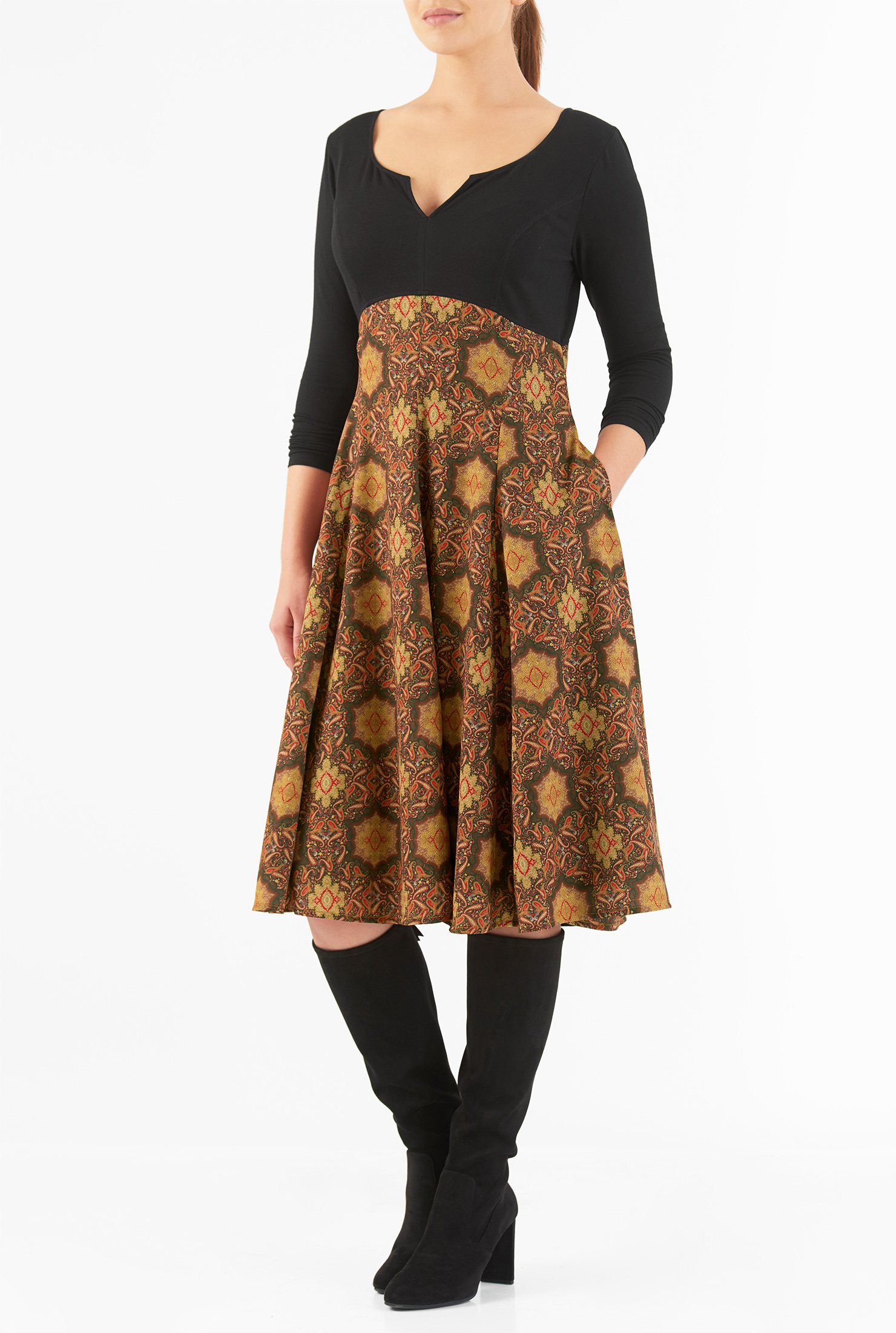 Shop Paisley print empire mixed media dress eShakti