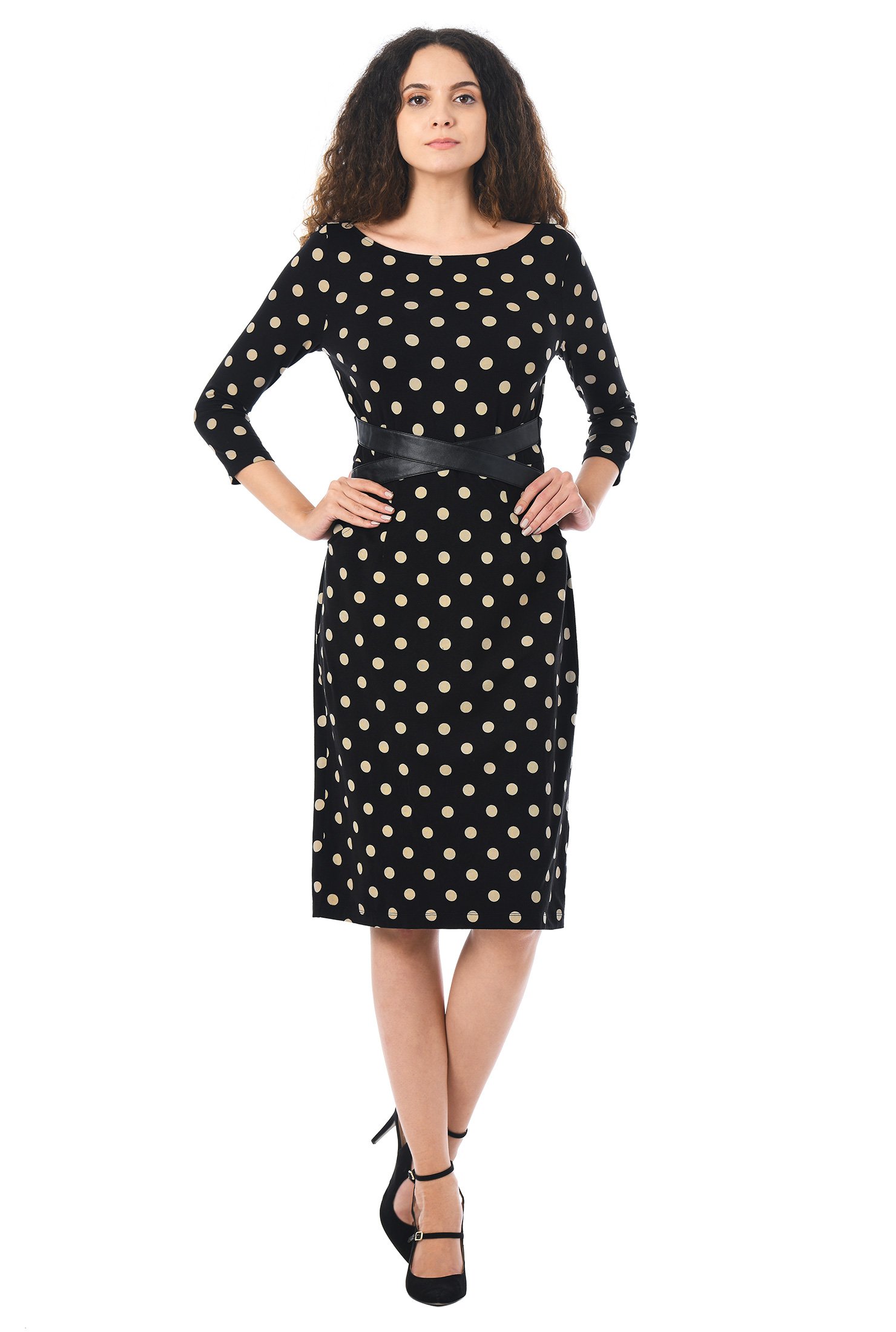 Shop Faux leather waist polka dot cotton knit sheath dress | eShakti