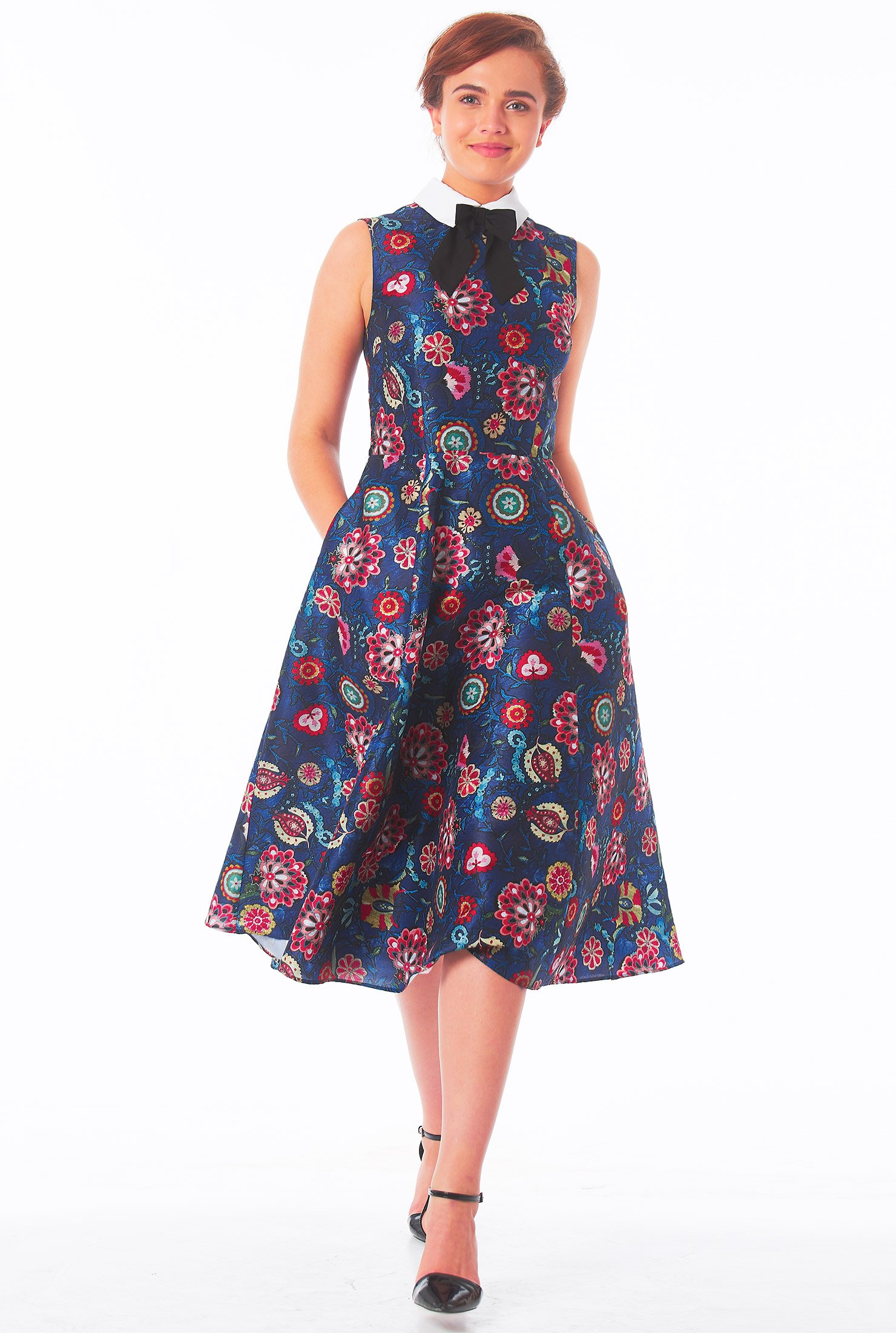 Shop Floral print with detachable collar and bow-tie dupioni dress ...