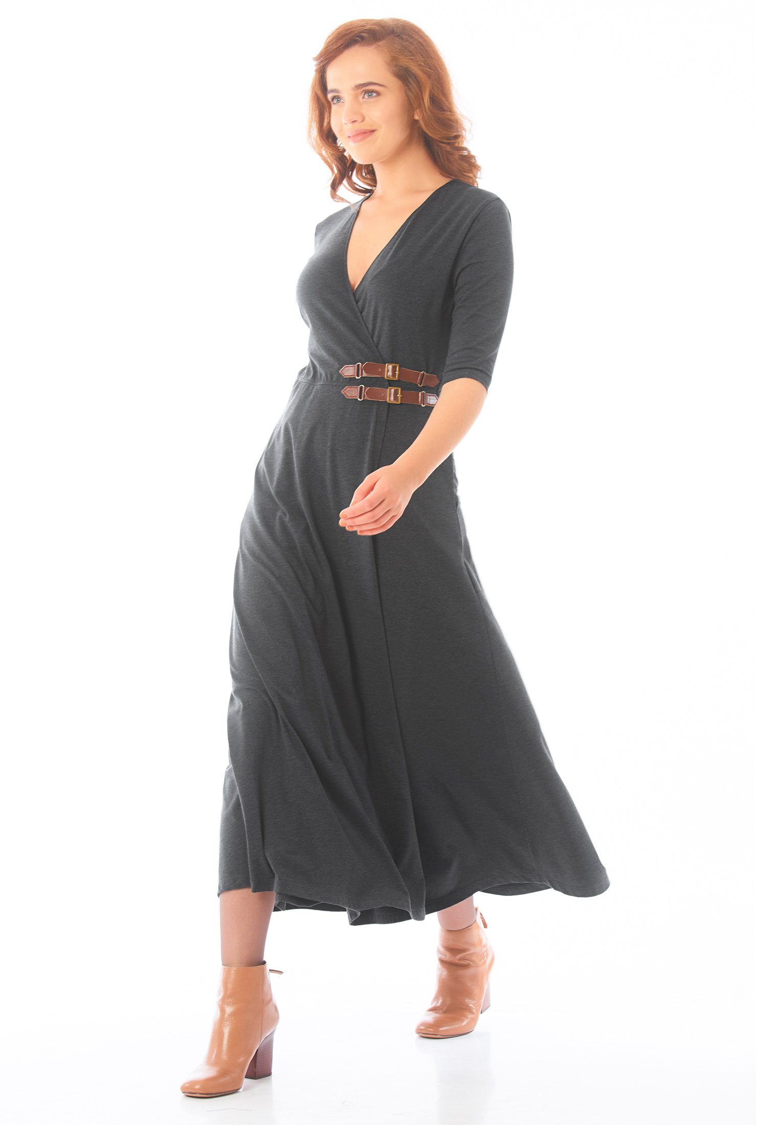 Shop Cotton knit faux-leather buckle wrap maxi dress | eShakti