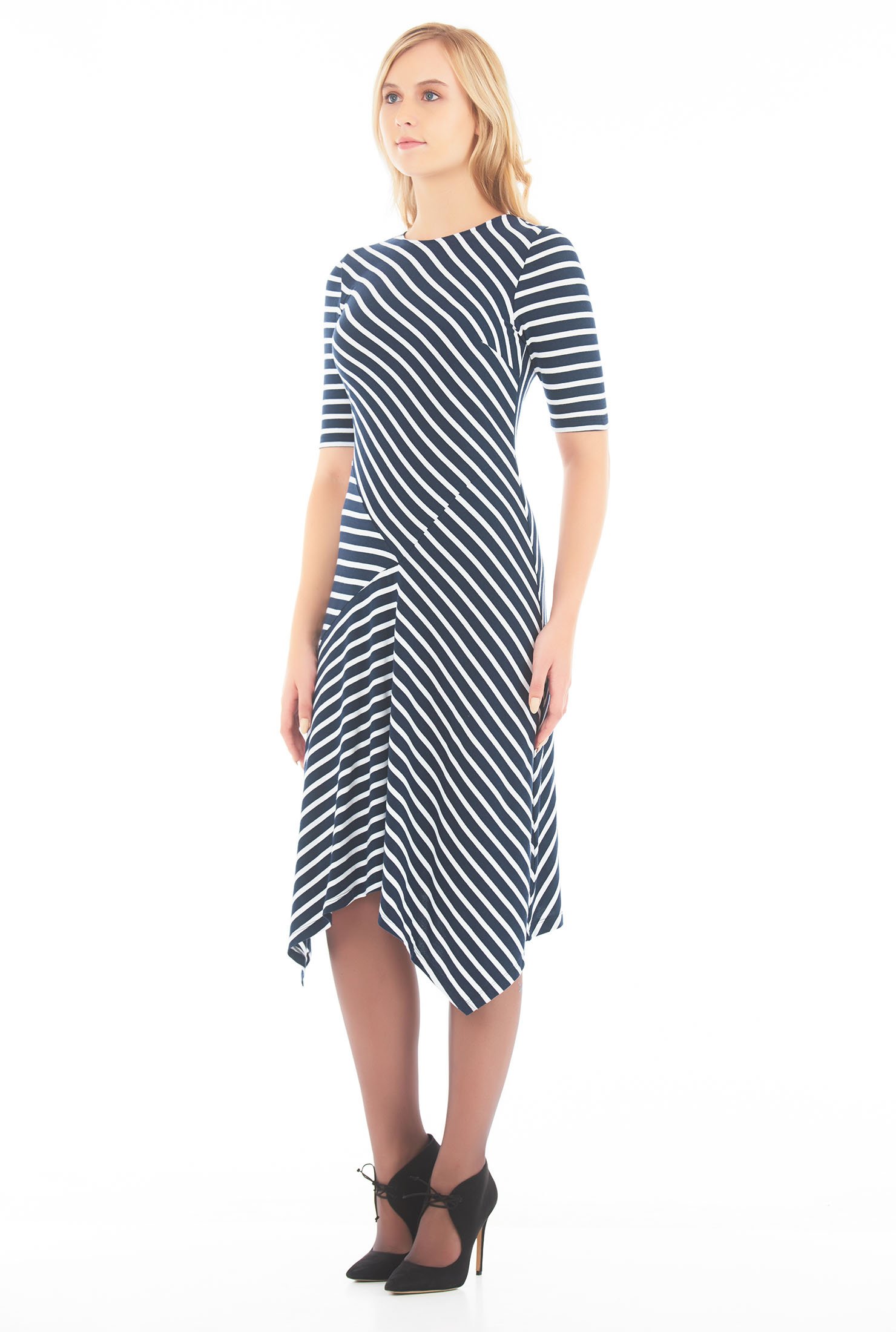Shop Pieced stripe cotton knit asymmetric dress | eShakti
