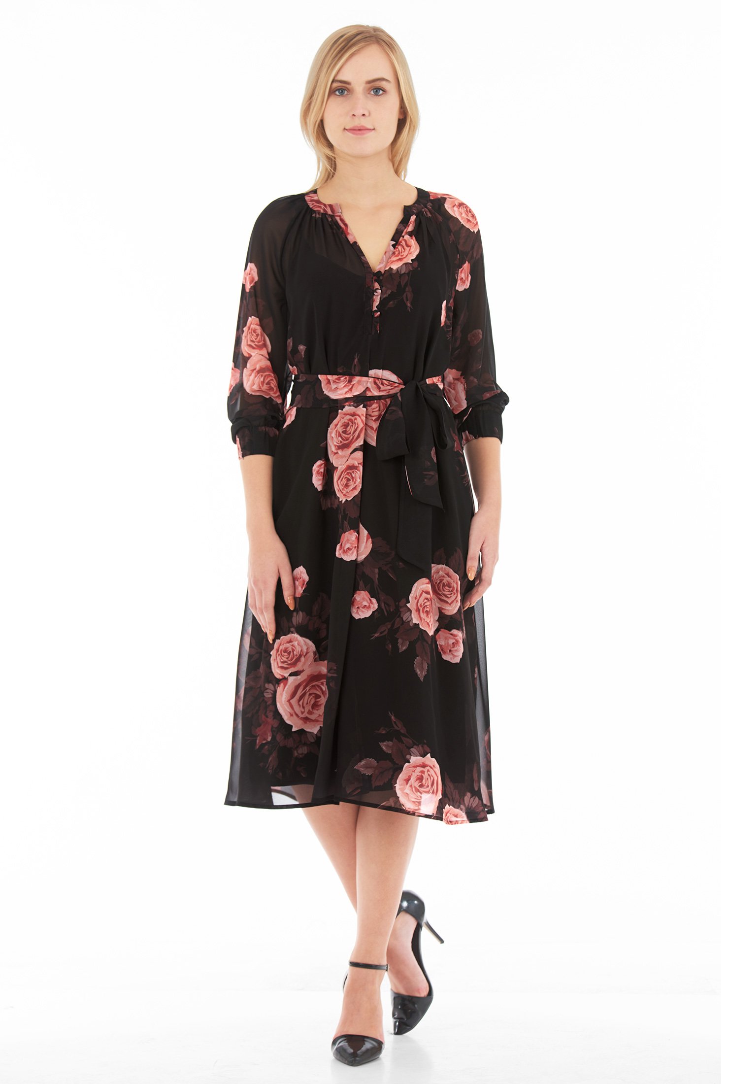 Shop Rose print split neck georgette shift dress | eShakti