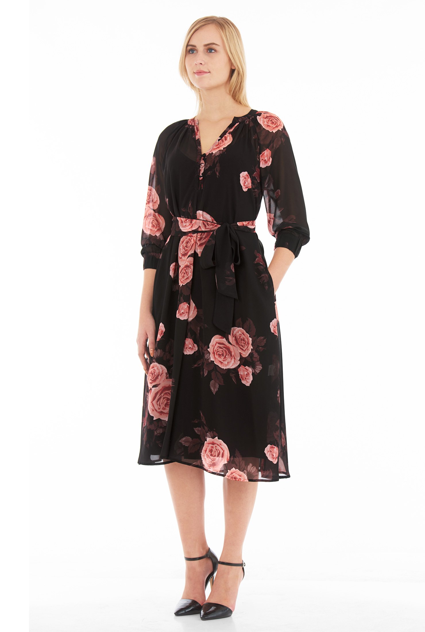 Shop Rose print split neck georgette shift dress | eShakti