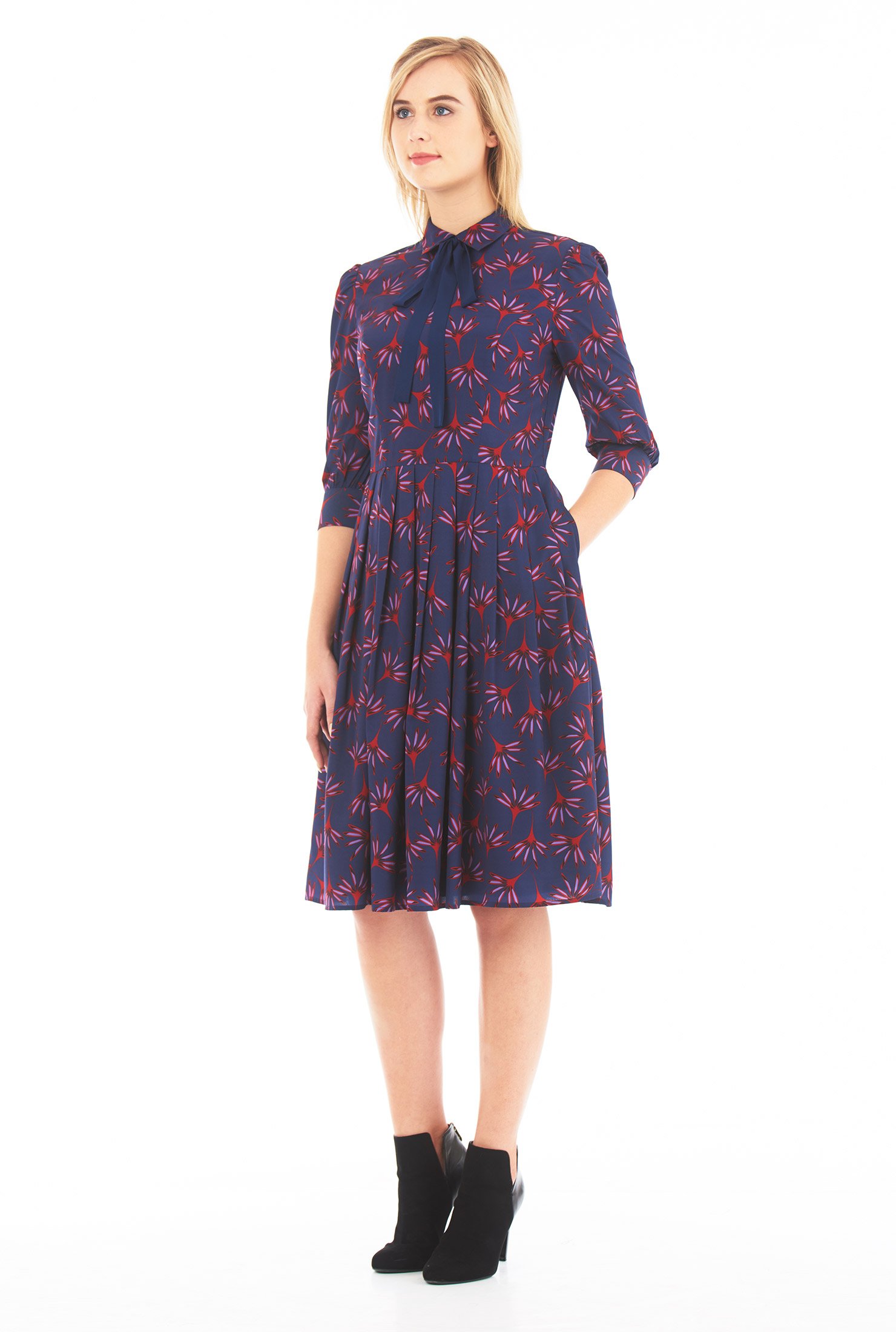 Shop Tie neck botanical print crepe dress | eShakti