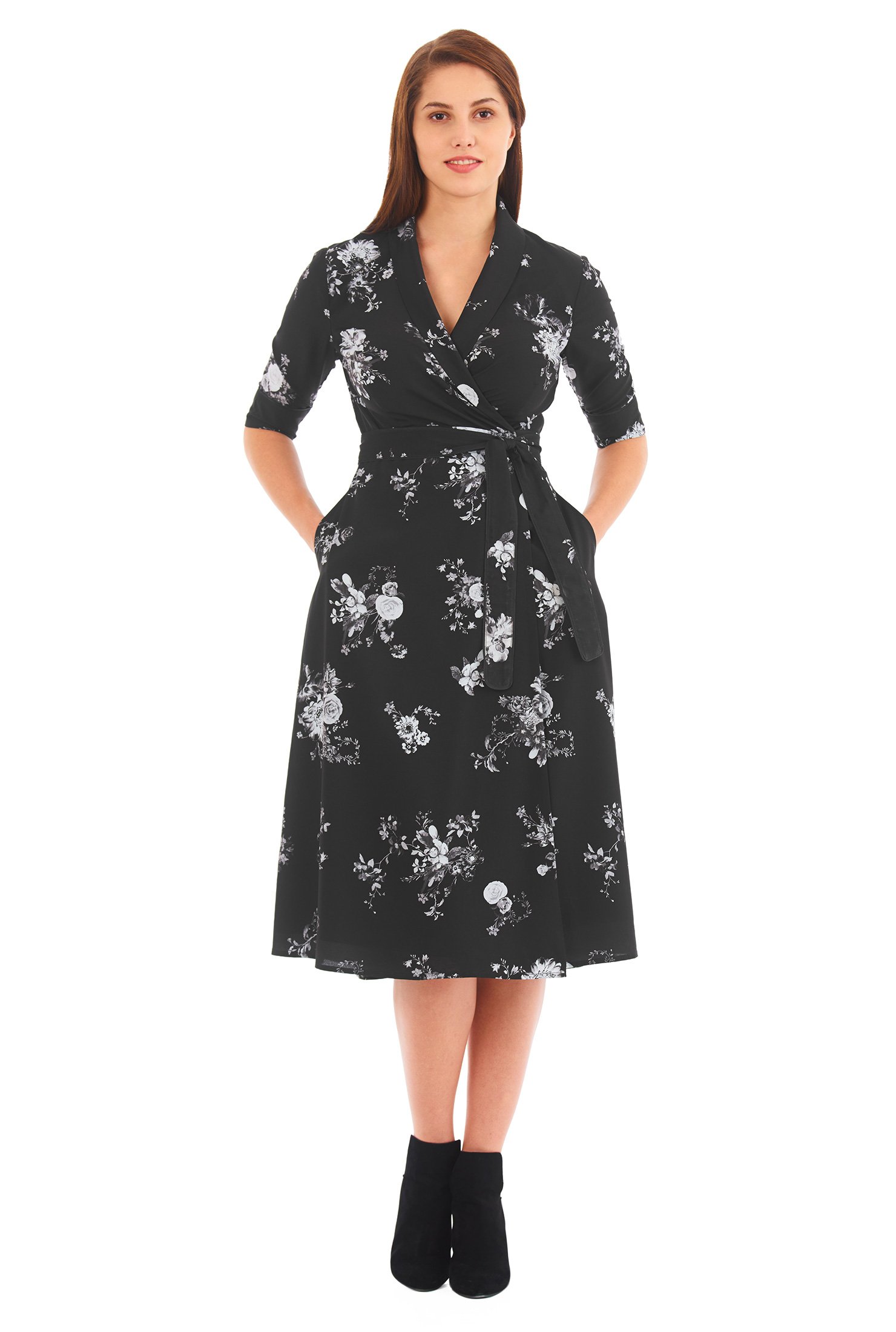 Shop Floral print crepe shawl collar wrap dress | eShakti