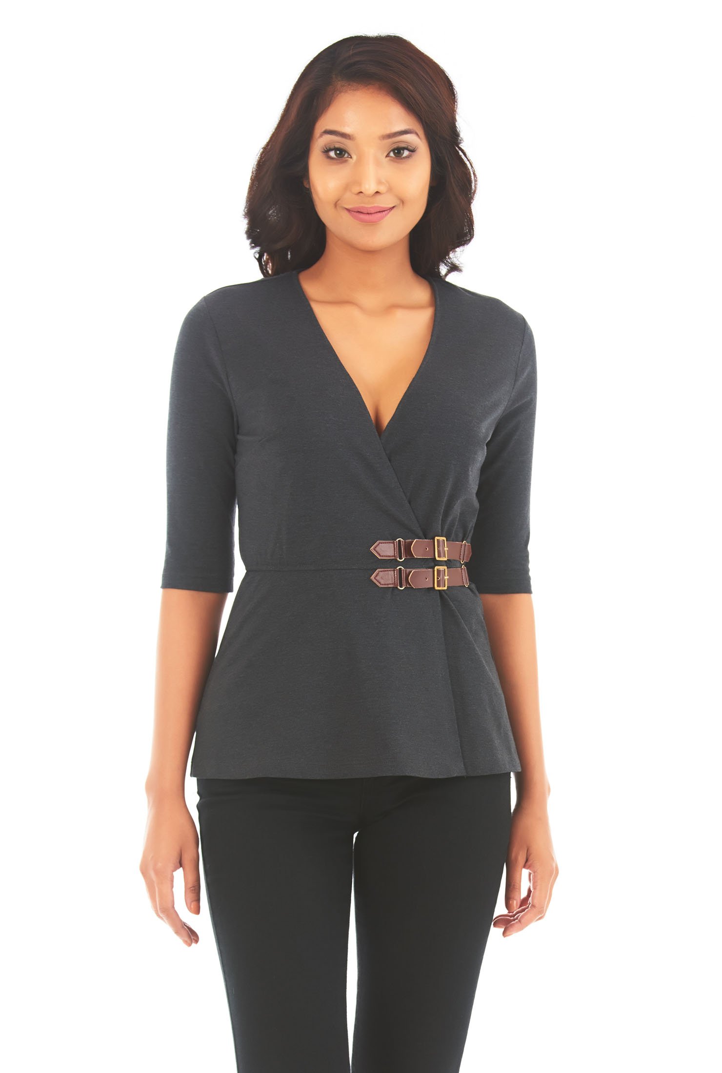 Shop Cotton knit faux-leather buckle wrap top | eShakti