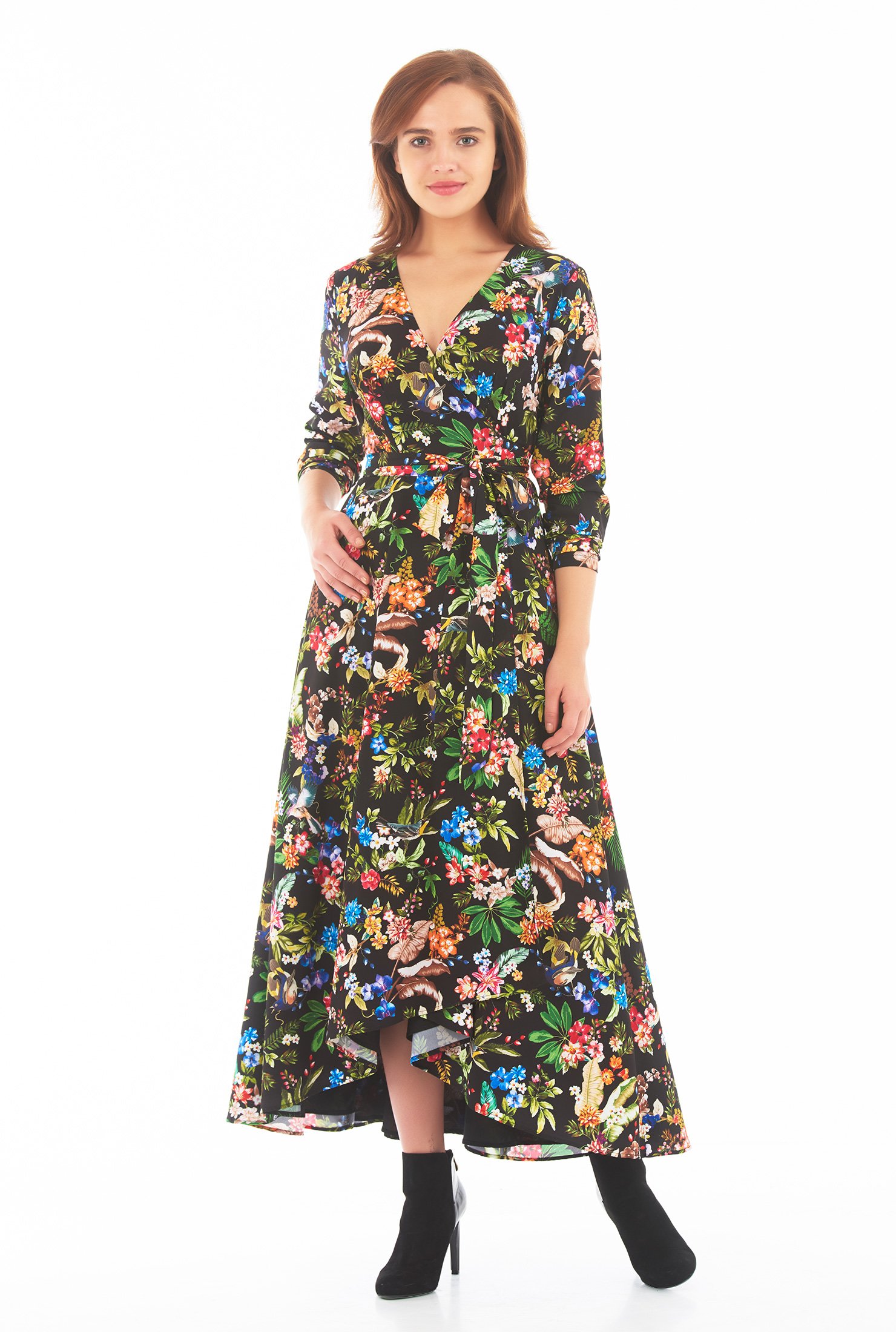 Shop Tropical floral print crepe wrap dress | eShakti