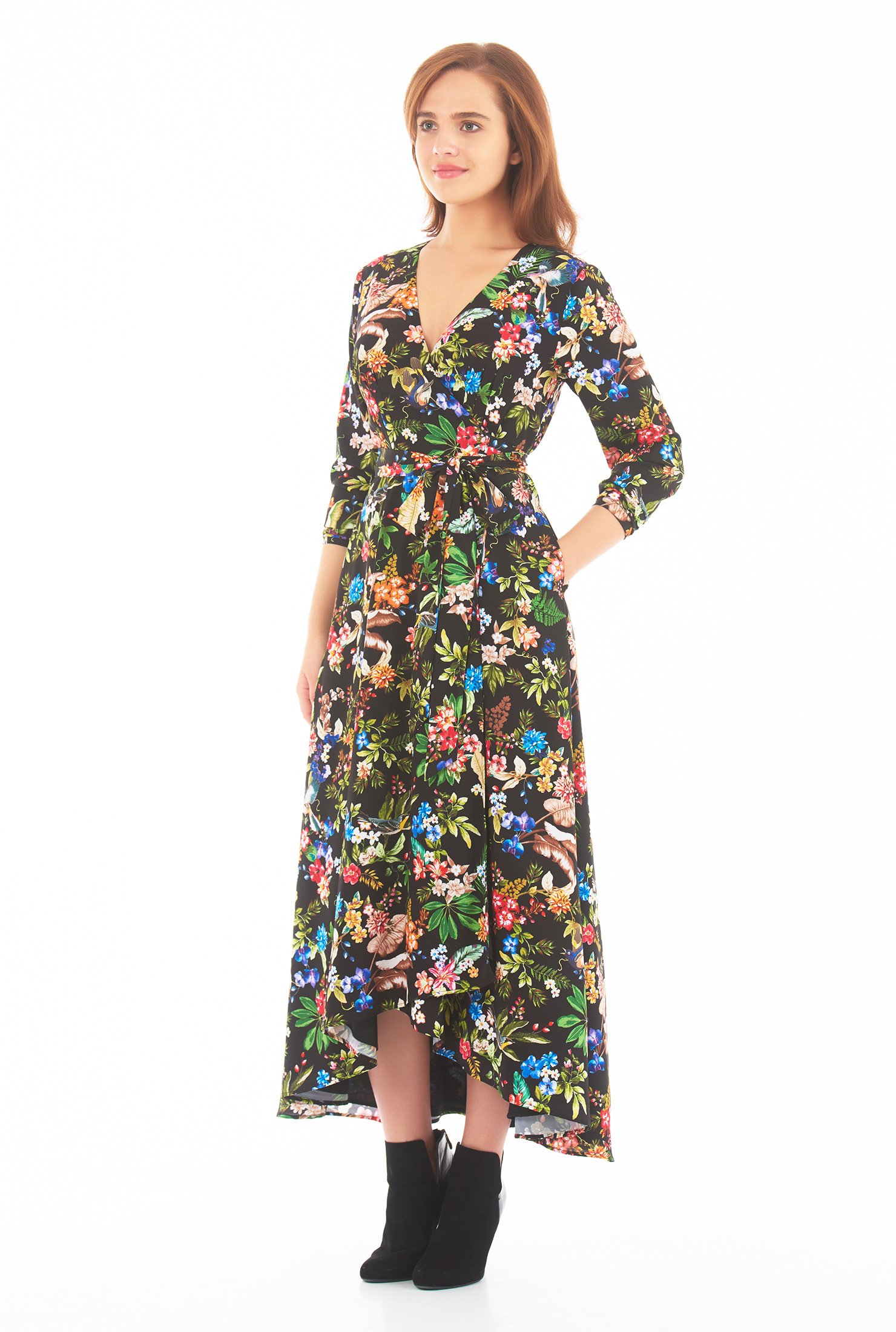 Shop Tropical floral print crepe wrap dress | eShakti