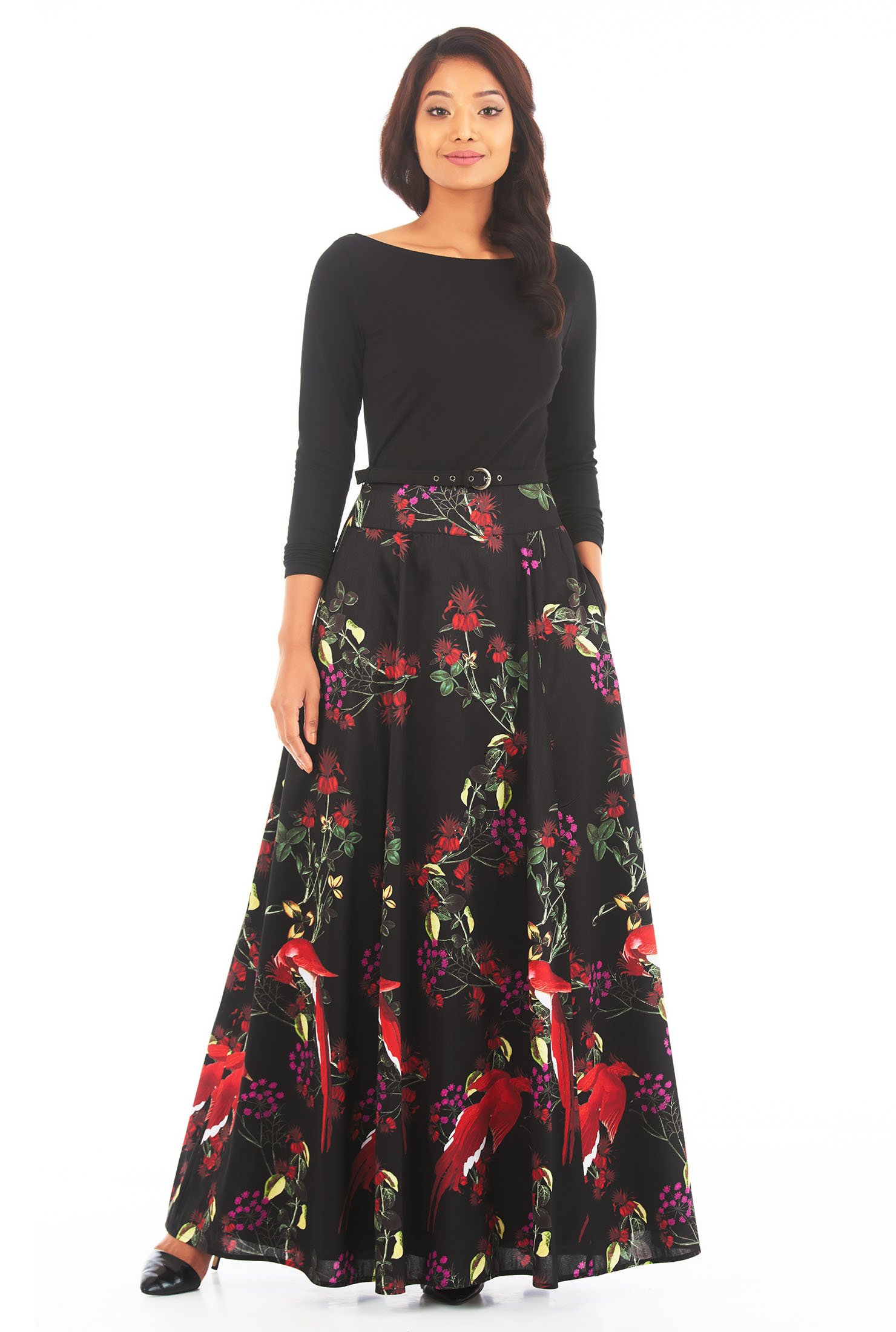 Shop Bird floral print dupioni mixed media belted maxi dress | eShakti