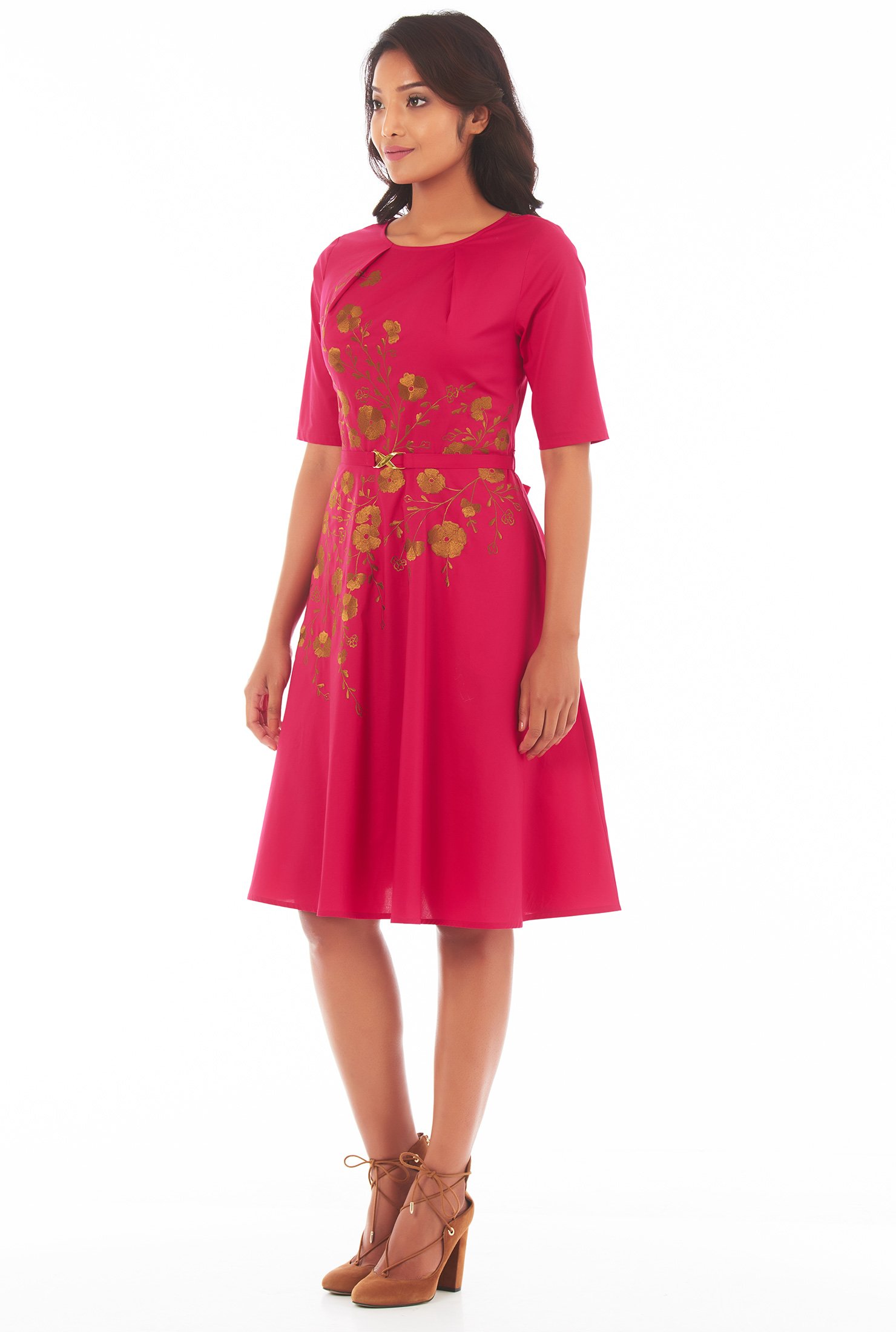 Shop Floral embellished pleat neck poplin dress | eShakti