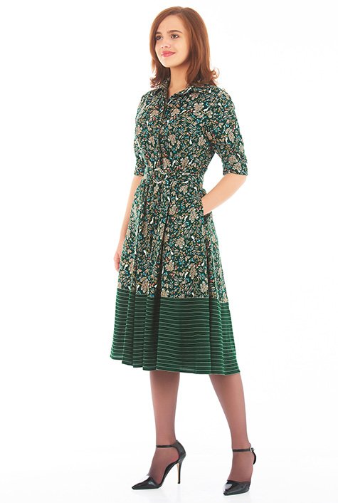 Shop Trapunto hem rabbit floral print belted shirtdress | eShakti