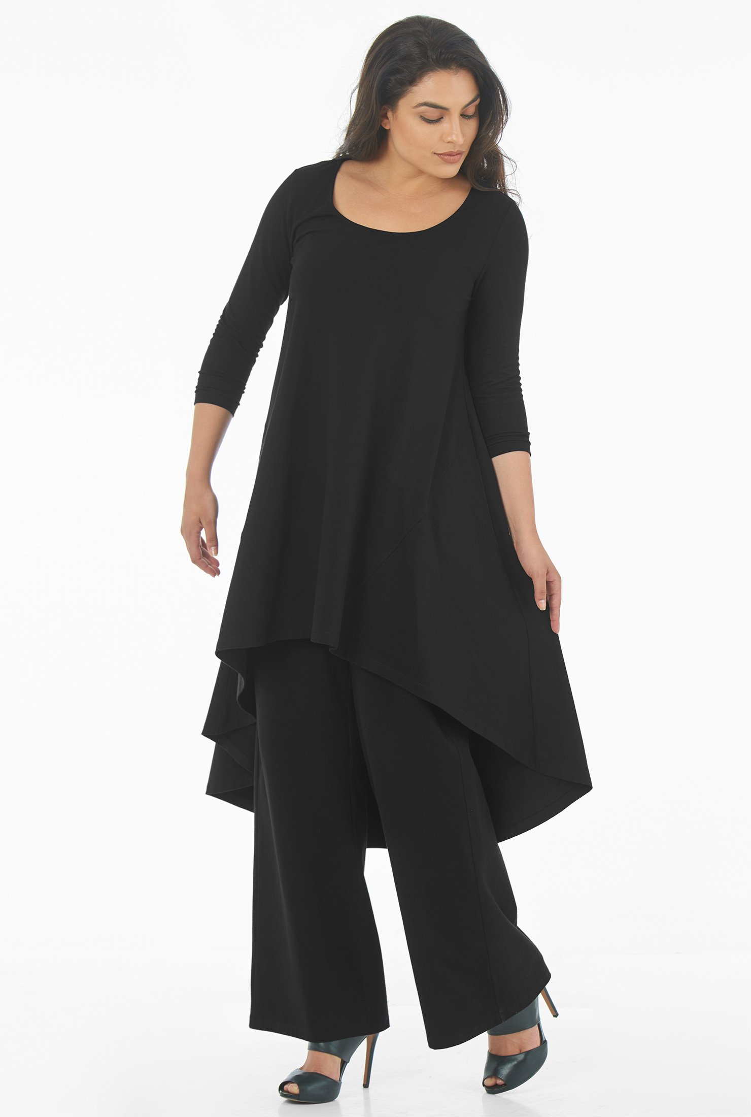 Shop High-low hem cotton knit tunic dress and wide leg pants | eShakti