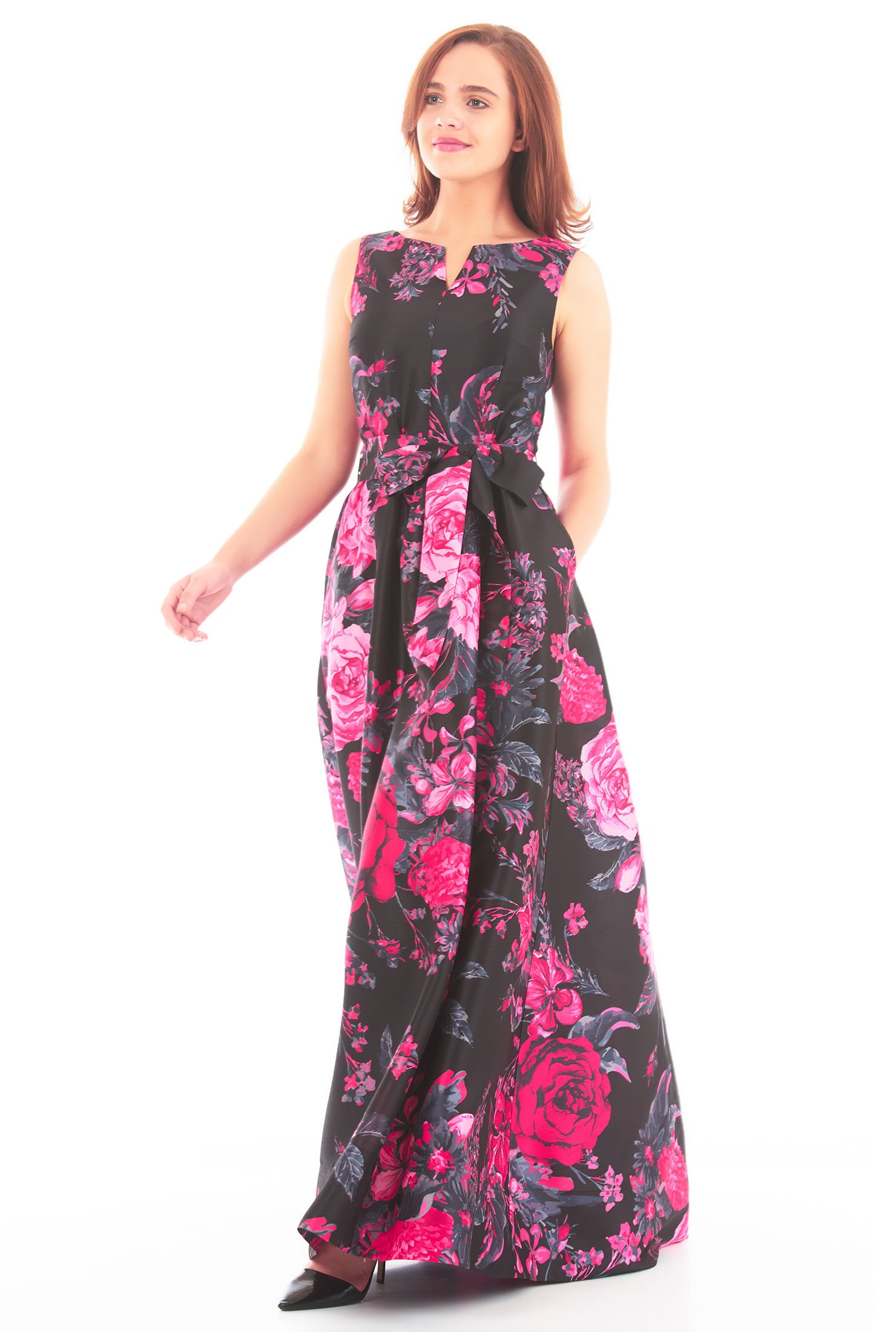 Shop Floral print dupioni sash tie maxi dress | eShakti