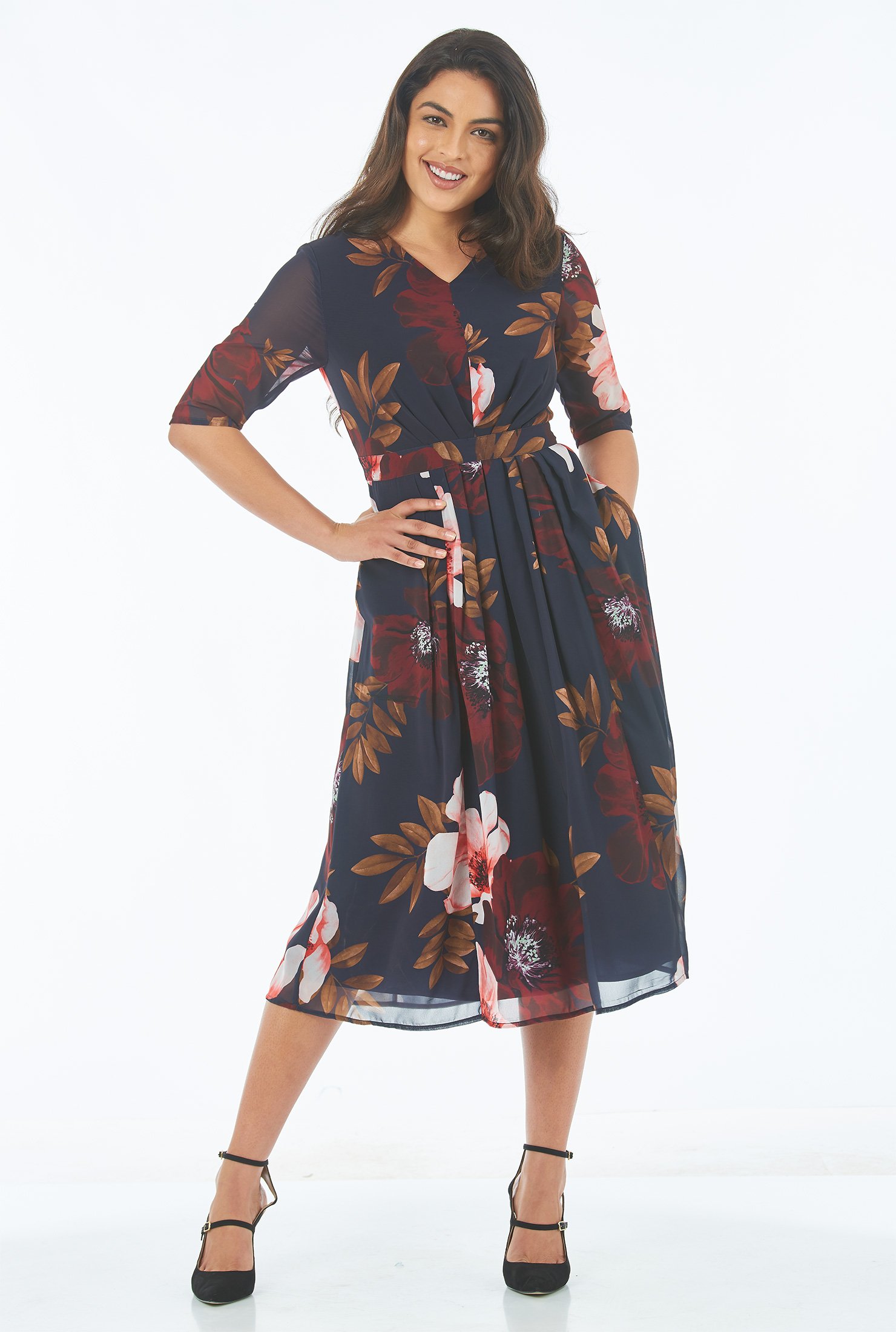 Shop Floral print georgette pleated midi dress | eShakti