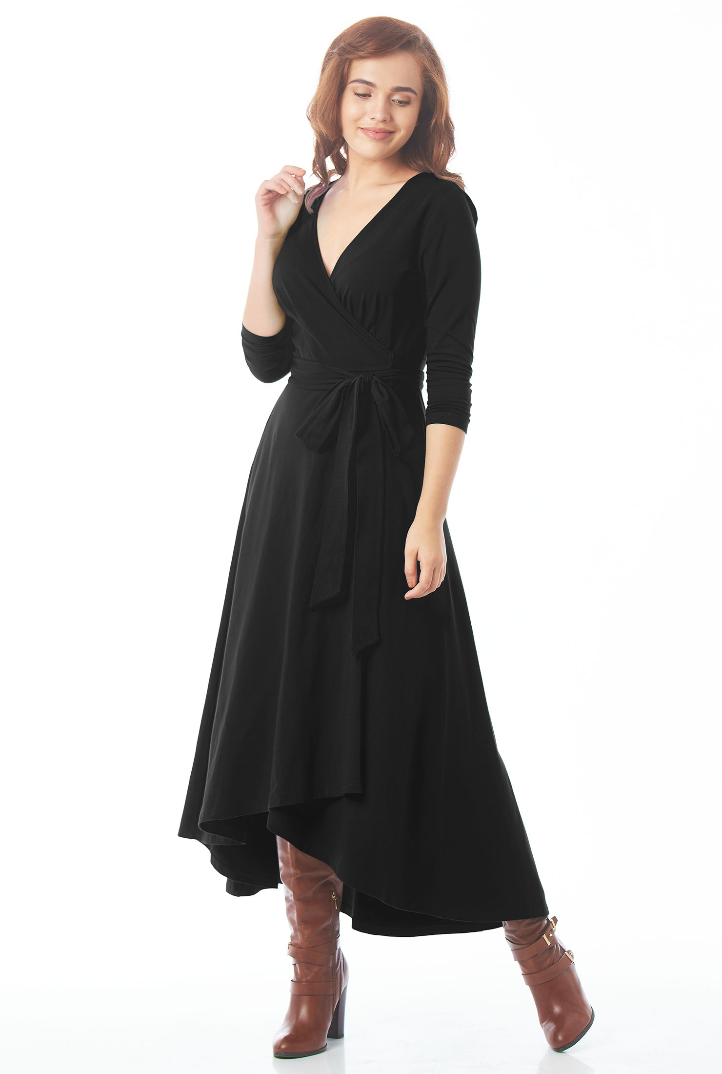 Shop Cotton knit highlow hem wrap dress eShakti