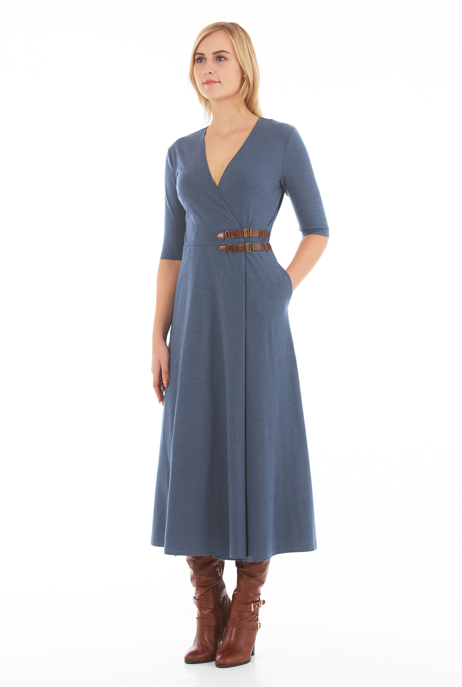 Shop Jersey knit fauxleather buckle wrap maxi dress eShakti