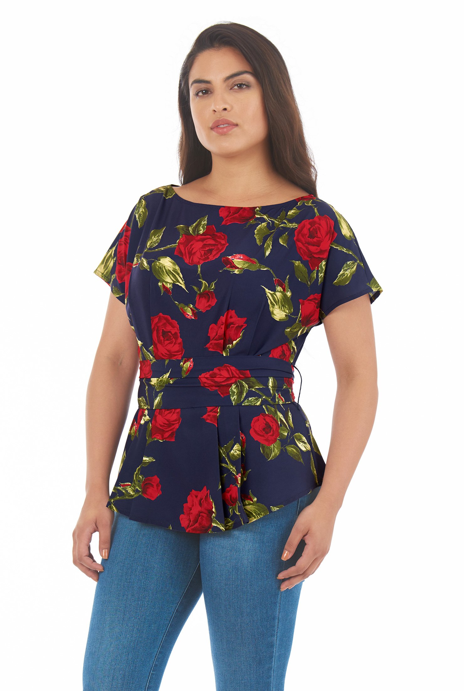Shop Rose print sash waist peplum crepe blouse | eShakti