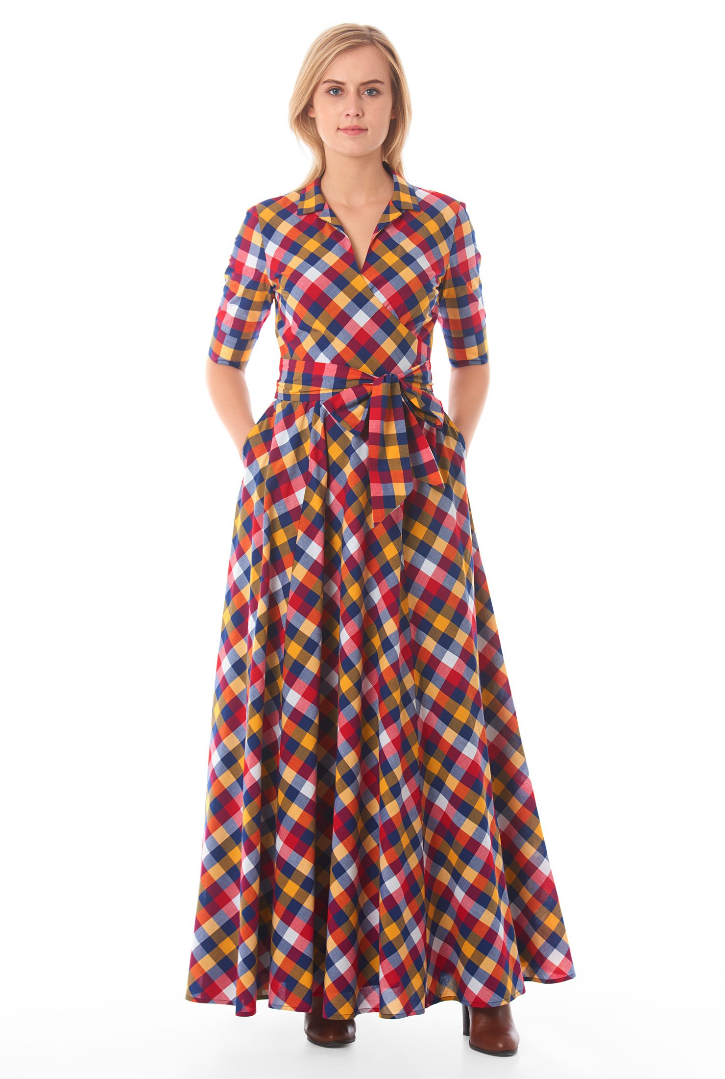 Shop Cotton plaid surplice maxi dress | eShakti