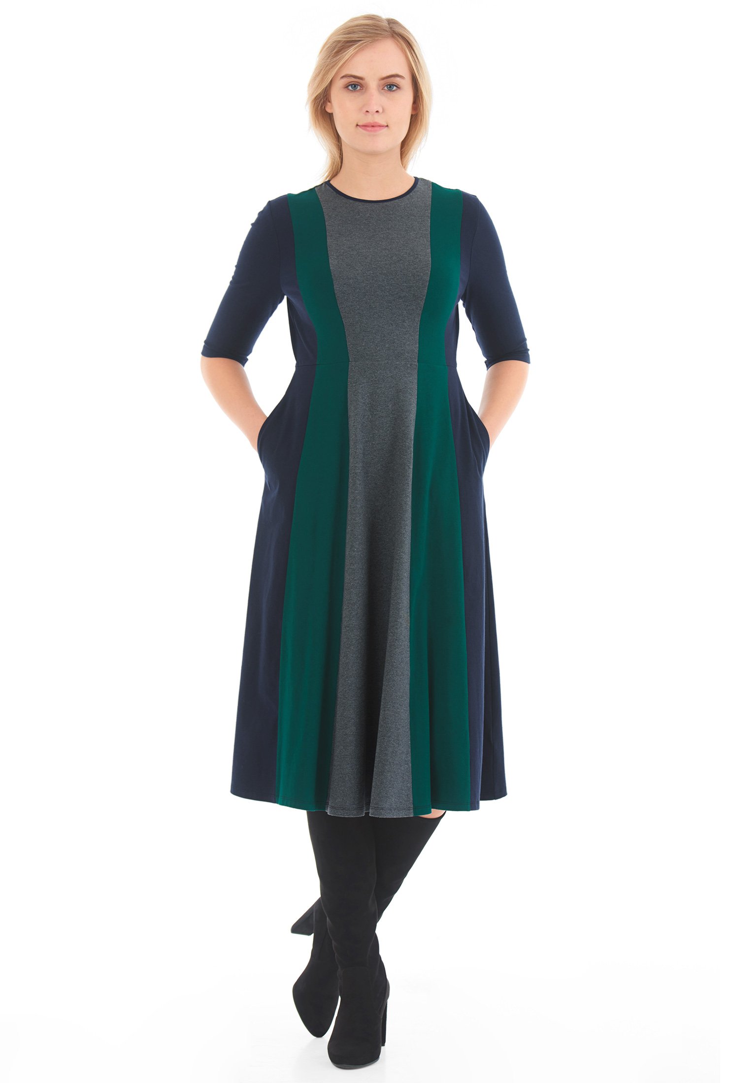 Shop Linear colorblock cotton knit midi dress | eShakti