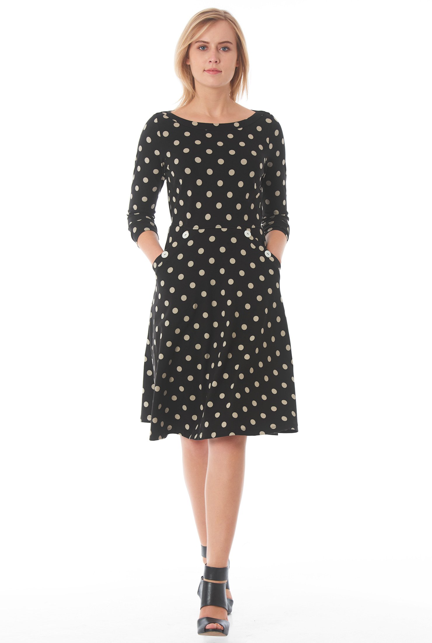 Shop Polka dot print large button cotton knit dress | eShakti