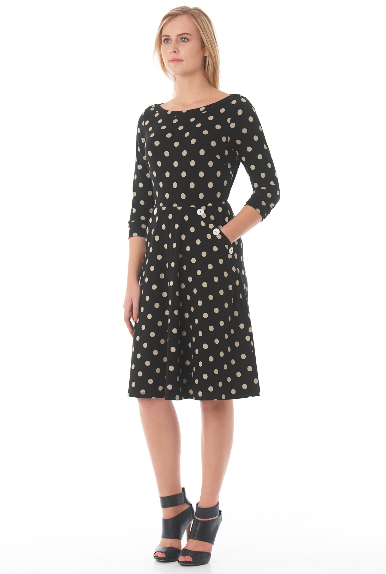 Shop Polka dot print large button cotton knit dress | eShakti