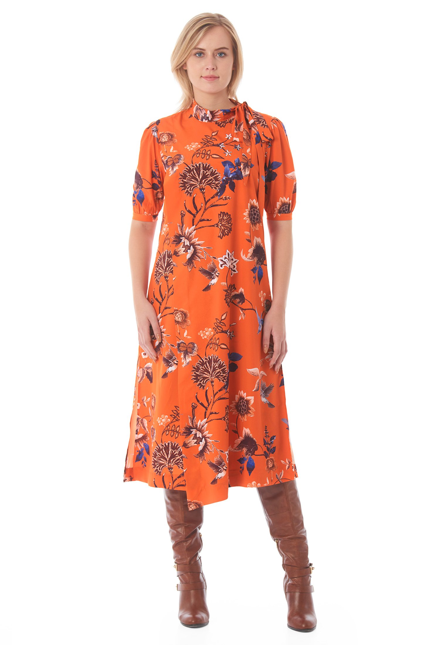 Shop Tie neck floral print crepe shift dress | eShakti